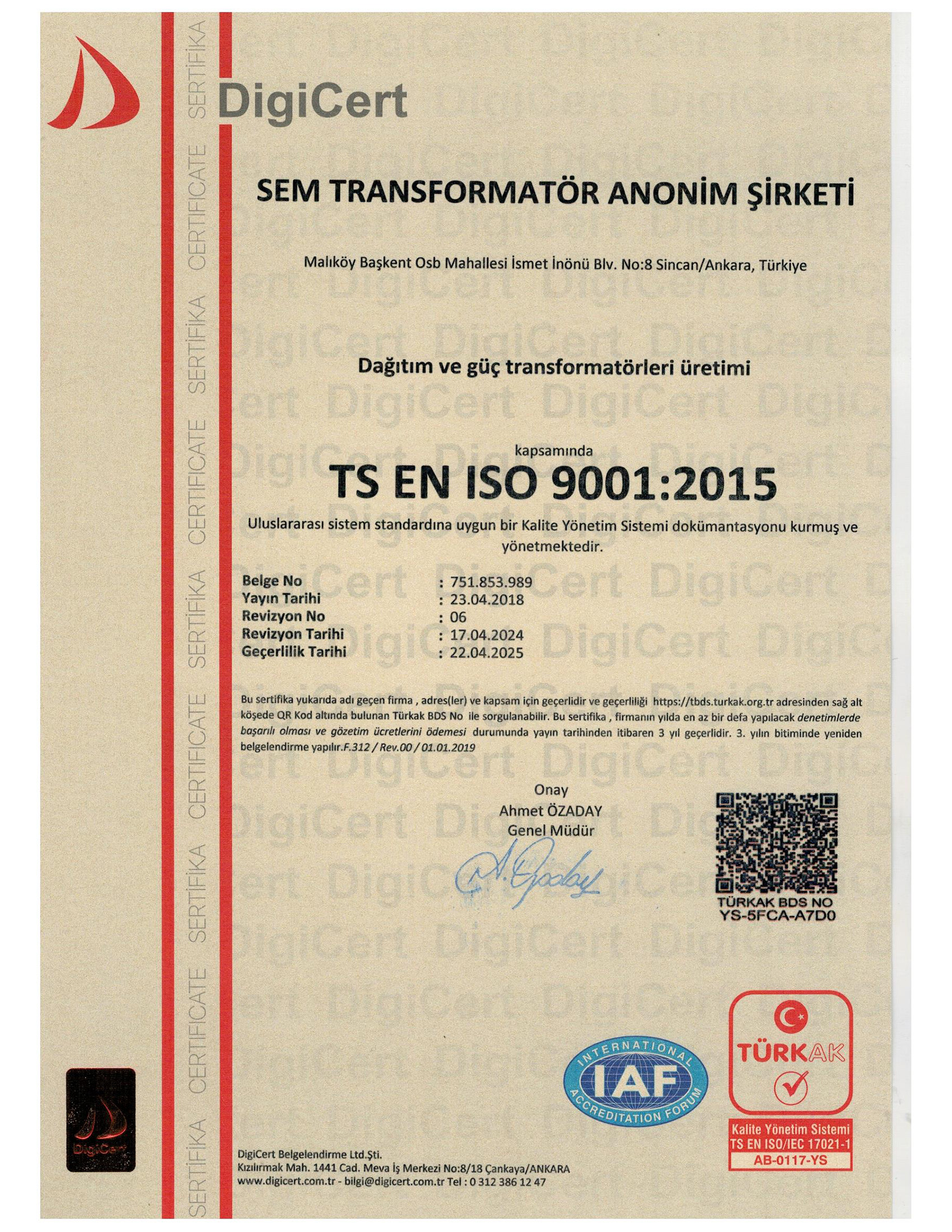ISO 9001 Sertifikası