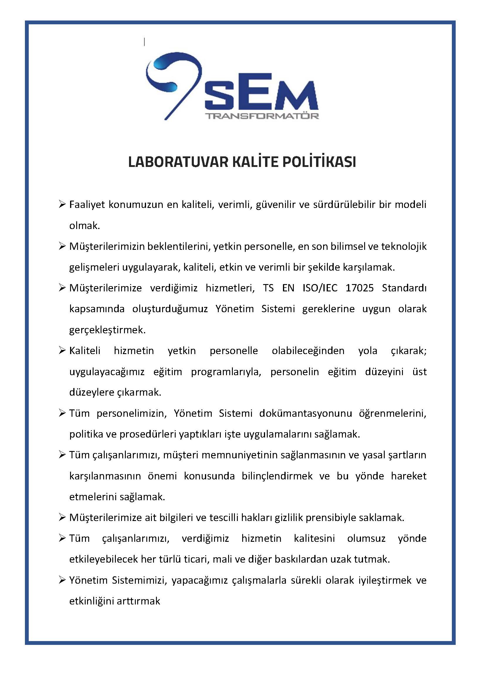 Laboratuvar Kalite Politikası